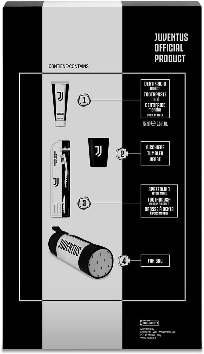 Juventus Oral Care Kit, Spazzolino da Denti Manuale con Setole Medie, Dentifricio alla Menta da 75ml, Bicchierino con...