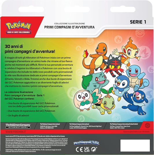 Pokémon: collezione illustrazione Primi compagni d’avventura - Serie 1 del GCC Pokémon (tre carte promozionali, due buste di espansione e un foglio di adesivi), Edizione in Italiano