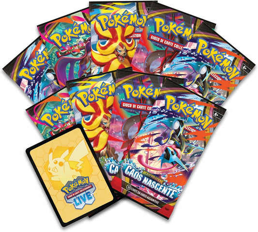 Pokémon: set Allenatore Fuoriclasse dell’espansione Megaevoluzione - Caos Nascente del GCC Pokémon (1 carta promozionale figura intera, 9 buste di espansione e accessori premium), Edizione in Italiano