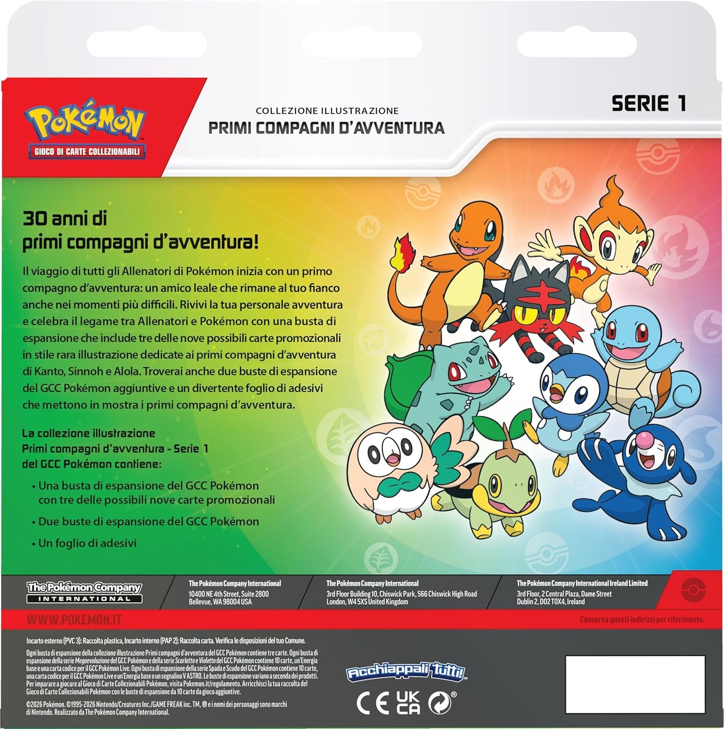Pokémon: collezione illustrazione Primi compagni d’avventura - Serie 1 del GCC Pokémon (tre carte promozionali, due buste di espansione e un foglio di adesivi), Edizione in Italiano