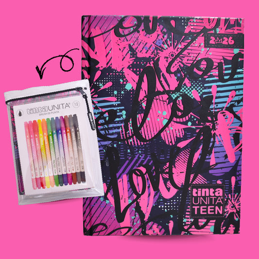 DIARIO TINTA UNITA TEEN 2026 + 12 PENNARELLI BRUSH