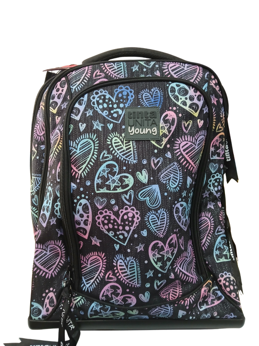 Zaino TROLLEY TINTA UNITA DREAM 2 SCOMPARTI NERO CON CUORI
